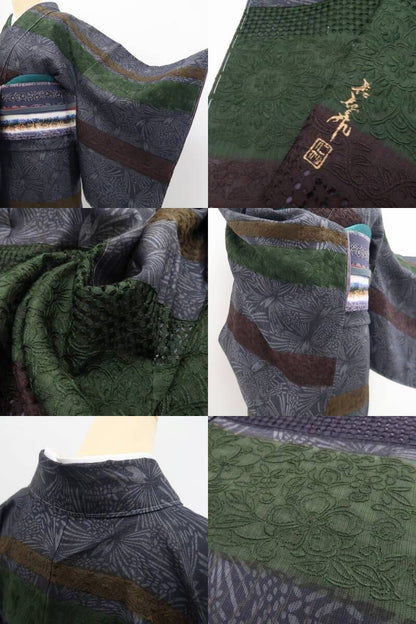 【新品・付下げ】前田仁仙 落款 更紗 スワトウ・蘇州刺繍 着物 正絹 仕付け糸付tomihisa “まだ見ぬ世界で夢を見る”9710