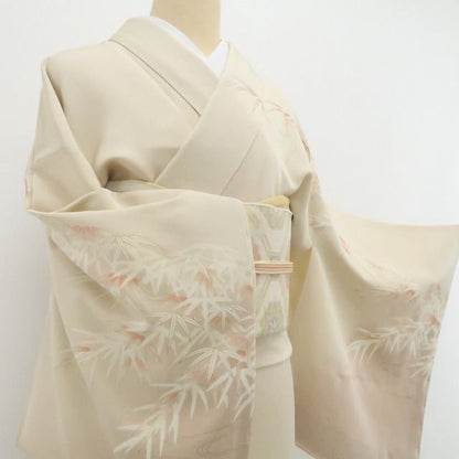 【新品・訪問着】皇室献上作家 北出与三郎 落款 金駒刺繍 笹の葉 着物 正絹 仕付け糸付 tomihisa”笹の葉に宿る自然の静寂と品格”9720