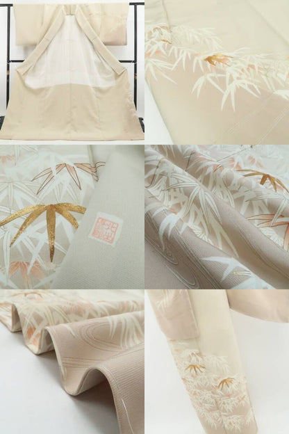 【新品・訪問着】皇室献上作家 北出与三郎 落款 金駒刺繍 笹の葉 着物 正絹 仕付け糸付 tomihisa”笹の葉に宿る自然の静寂と品格”9720