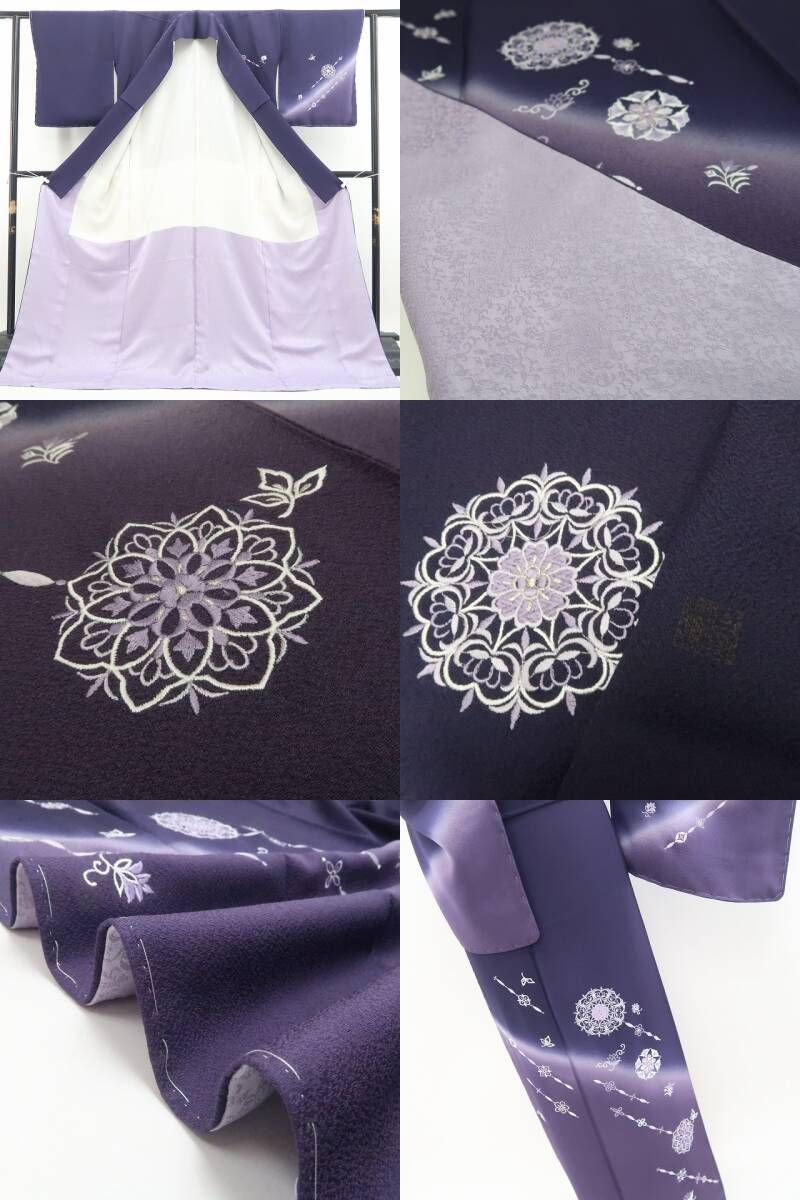 【新品・訪問着】山口美術織物謹製 落款 総刺繍 着物 正絹 仕付け糸付 tomihisa”深紫に煌めく洗練の華文”9722