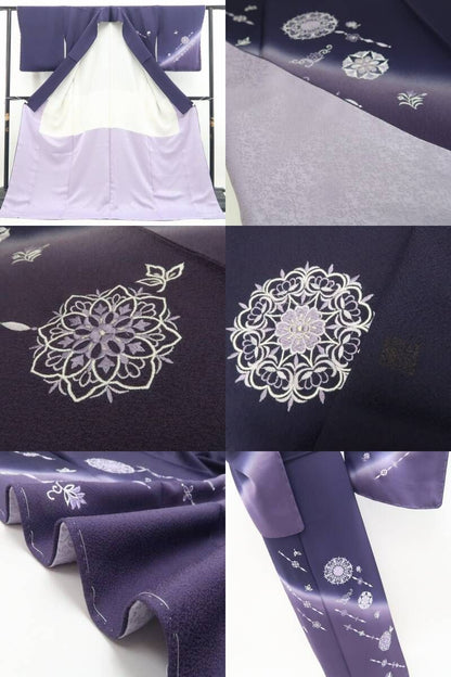 【新品・訪問着】山口美術織物謹製 落款 総刺繍 着物 正絹 仕付け糸付 tomihisa”深紫に煌めく洗練の華文”9722