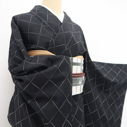 【新品・西陣お召】秦流舎 モノトーン 着物 正絹 仕付け糸付 トールサイズ tomihisa”シンプルだからこそ際立つ格子の表情”9723