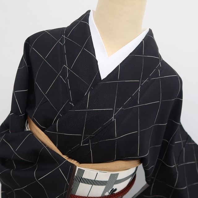 【新品・西陣お召】秦流舎 モノトーン 着物 正絹 仕付け糸付 トールサイズ tomihisa”シンプルだからこそ際立つ格子の表情”9723
