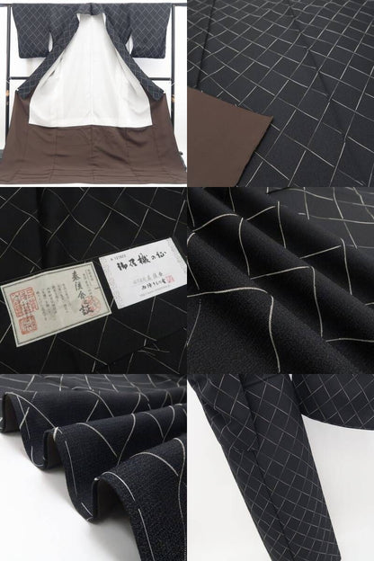 【新品・西陣お召】秦流舎 モノトーン 着物 正絹 仕付け糸付 トールサイズ tomihisa”シンプルだからこそ際立つ格子の表情”9723