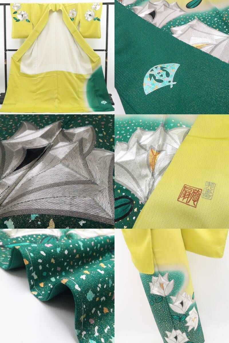 【新品・訪問着】藤林徳扇 落款 銀駒刺繍 着物 正絹 仕付け糸付 tomihisa”鮮やかに咲き誇る気品のモダンフラワー”9729