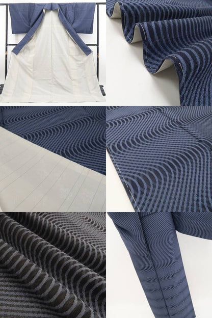 【新品・お召】やまと誂製 着物 仕付け糸付 tomihisa”シンプルに映える流線の美しさ”9751