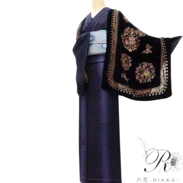 六花-RIKKA- 新品 シルク 岡重 OKAJIMA ベルベット 唐花 透かし柄 大判ショール A3