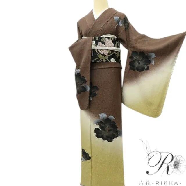 【中古】六花-RIKKA- 美品 正絹 黒ツバキ 桜 訪問着 手縫い仕立て 着物 A4194