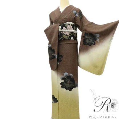 【中古】六花-RIKKA- 美品 正絹 黒ツバキ 桜 訪問着 手縫い仕立て 着物 A4194