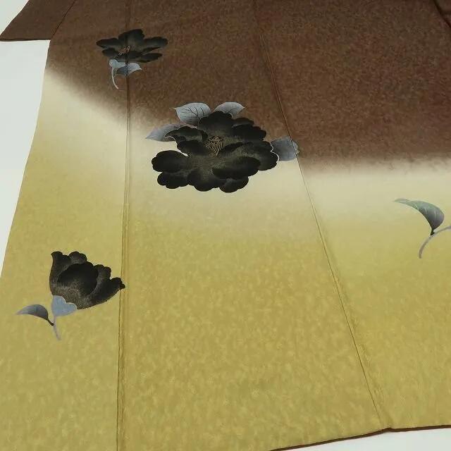 【中古】六花-RIKKA- 美品 正絹 黒ツバキ 桜 訪問着 手縫い仕立て 着物 A4194