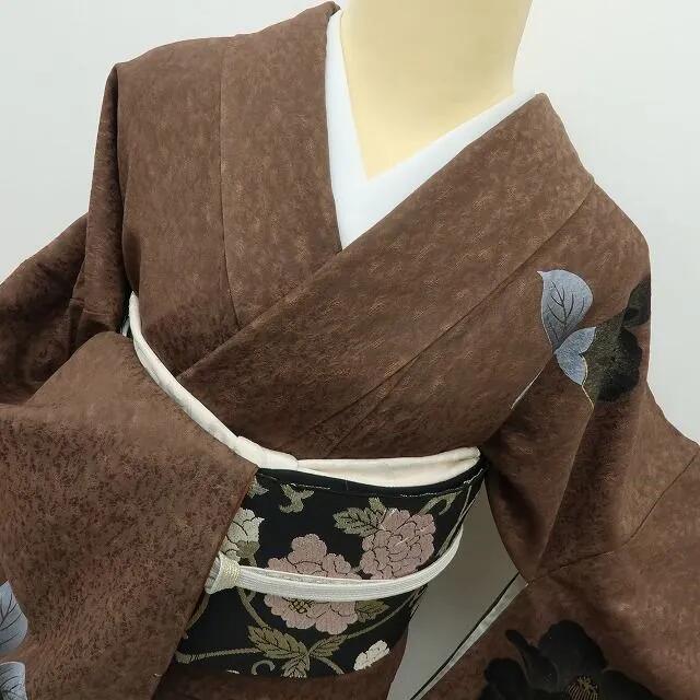 【中古】六花-RIKKA- 美品 正絹 黒ツバキ 桜 訪問着 手縫い仕立て 着物 A4194