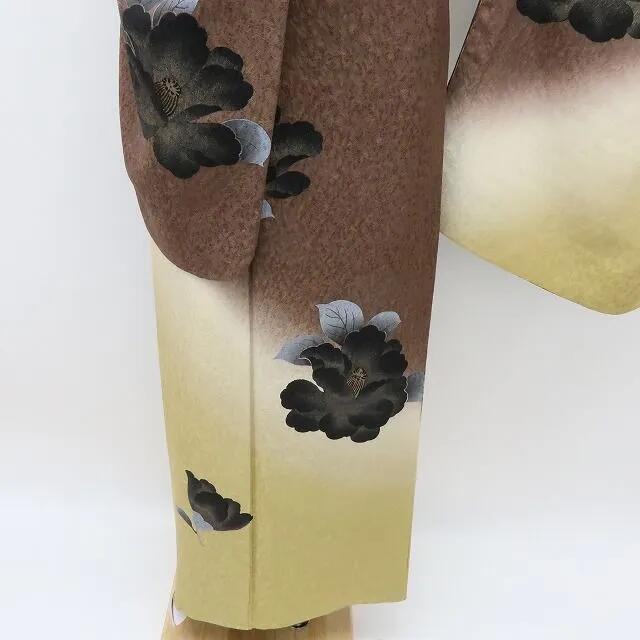 【中古】六花-RIKKA- 美品 正絹 黒ツバキ 桜 訪問着 手縫い仕立て 着物 A4194