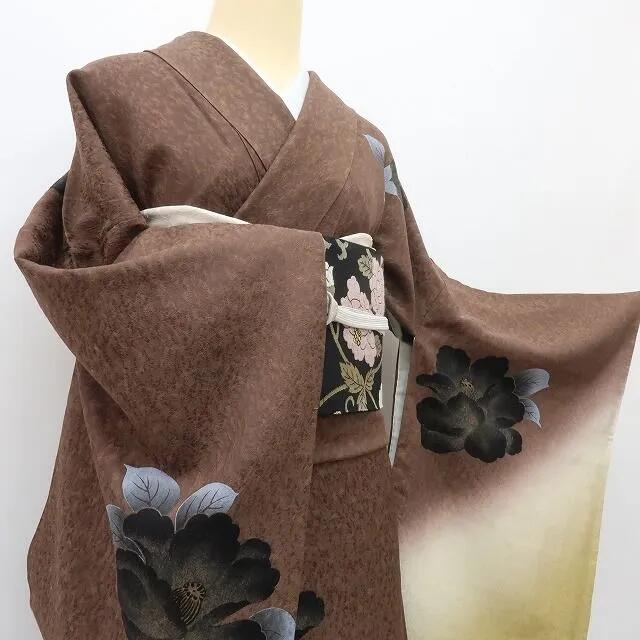 【中古】六花-RIKKA- 美品 正絹 黒ツバキ 桜 訪問着 手縫い仕立て 着物 A4194
