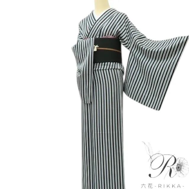【中古】六花-RIKKA- 美品 正絹 縦縞 トールサイズ 小紋 着物 A4232