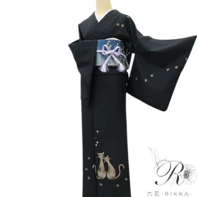 【中古】六花-RIKKA- 美品 正絹 猫 トールサイズ 付下げ 着物 A4483