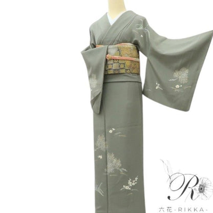 【中古】六花-RIKKA- 美品 正絹 金駒刺_  訪問着 着物 A4503