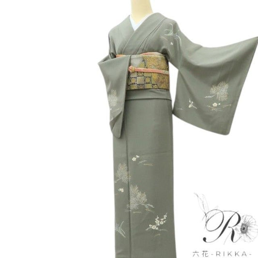 【中古】六花-RIKKA- 美品 正絹 金駒刺_  訪問着 着物 A4503