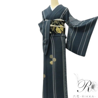 【中古】六花-RIKKA- 美品 正絹 縦縞 金糸刺_ ゆったりサイズ 付下げ 着物