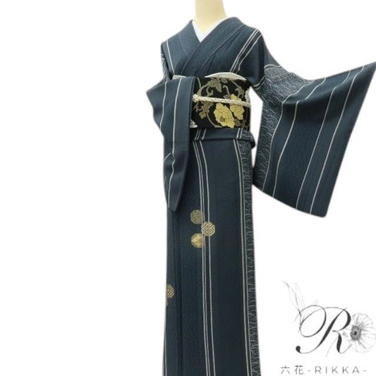 【中古】六花-RIKKA- 美品 正絹 縦縞 金糸刺_ ゆったりサイズ 付下げ 着物