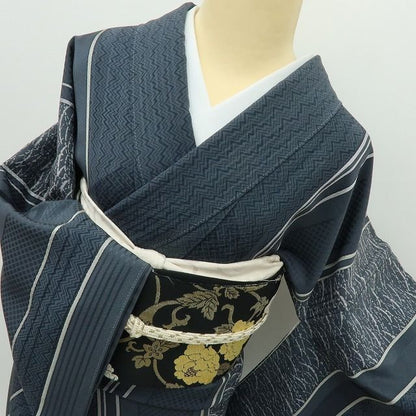 【中古】六花-RIKKA- 美品 正絹 縦縞 金糸刺_ ゆったりサイズ 付下げ 着物