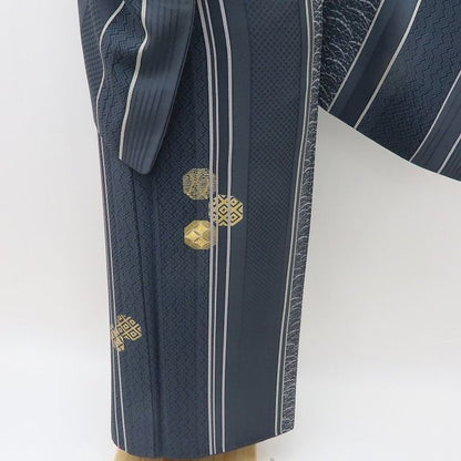 【中古】六花-RIKKA- 美品 正絹 縦縞 金糸刺_ ゆったりサイズ 付下げ 着物