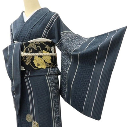 【中古】六花-RIKKA- 美品 正絹 縦縞 金糸刺_ ゆったりサイズ 付下げ 着物