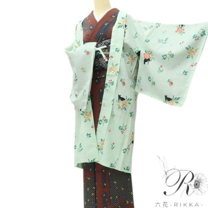 【新古品】六花-RIKKA- 新品 洗える着物 猫 羽織紐付 ロング丈 長羽織 着物 A4576