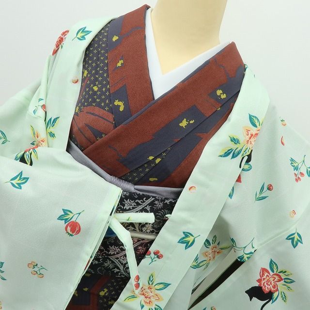 【新古品】六花-RIKKA- 新品 洗える着物 猫 羽織紐付 ロング丈 長羽織 着物 A4576
