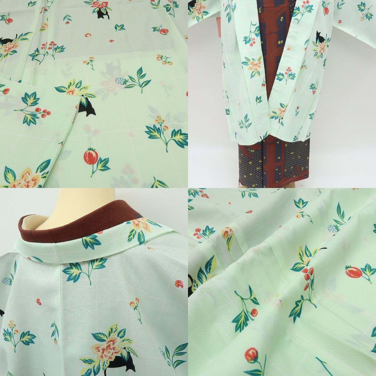 【新古品】六花-RIKKA- 新品 洗える着物 猫 羽織紐付 ロング丈 長羽織 着物 A4576