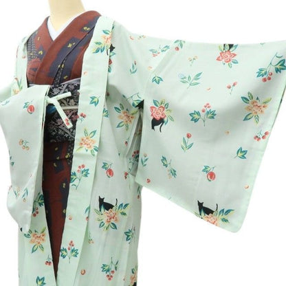 【新古品】六花-RIKKA- 新品 洗える着物 猫 羽織紐付 ロング丈 長羽織 着物 A4576