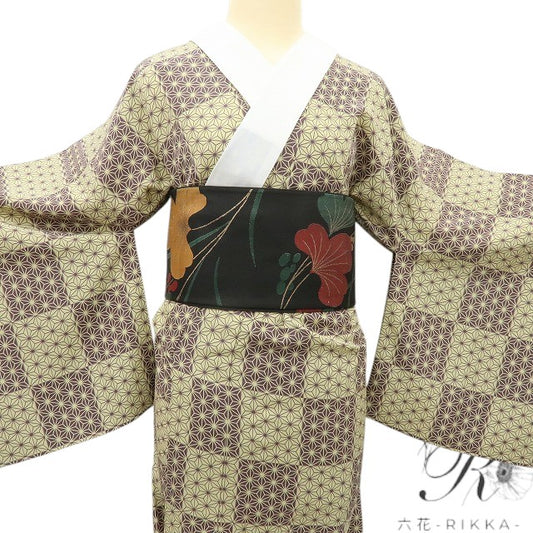 【中古】六花-RIKKA- 美品 正絹 麻の葉 単衣 居敷当・半衿付 袖無双 ワイドサイズ 長襦袢 着物 A4582