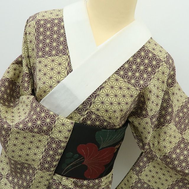 【中古】六花-RIKKA- 美品 正絹 麻の葉 単衣 居敷当・半衿付 袖無双 ワイドサイズ 長襦袢 着物 A4582