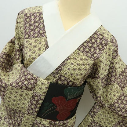 【中古】六花-RIKKA- 美品 正絹 麻の葉 単衣 居敷当・半衿付 袖無双 ワイドサイズ 長襦袢 着物 A4582