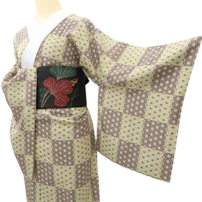 【中古】六花-RIKKA- 美品 正絹 麻の葉 単衣 居敷当・半衿付 袖無双 ワイドサイズ 長襦袢 着物 A4582