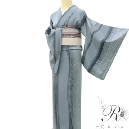 六花-RIKKA- 美品 正絹 水彩画のようなゆらぎをプラス！よろけ縞×横縞☆ 小紋 着物 A5925