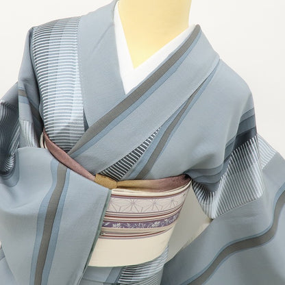 六花-RIKKA- 美品 正絹 水彩画のようなゆらぎをプラス！よろけ縞×横縞☆ 小紋 着物 A5925