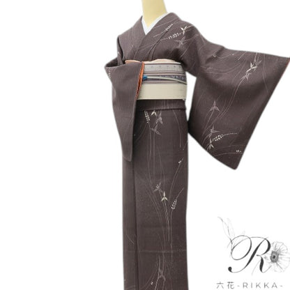 六花-RIKKA- 美品 正絹 作家物落款 チョコレートの匂いに誘われた、秋草たち♪ 紬 着物 A5955
