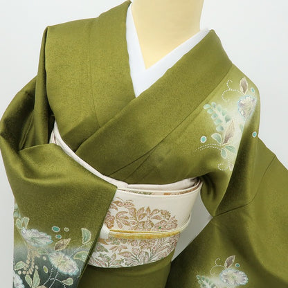 六花-RIKKA- 美品 正絹 さが美謹製 辻が花 絞り うぐいす色に咲き誇る、幻の辻ヶ花☆ 訪問着 着物 A5969-1