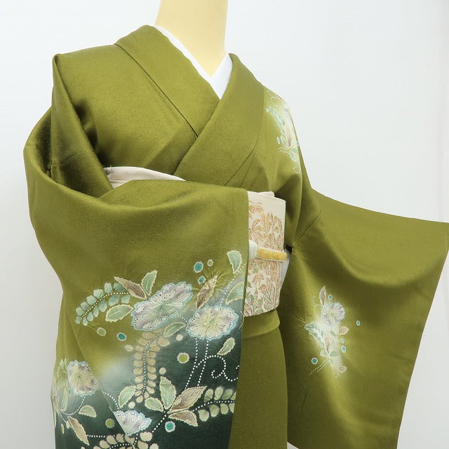六花-RIKKA- 美品 正絹 さが美謹製 辻が花 絞り うぐいす色に咲き誇る、幻の辻ヶ花☆ 訪問着 着物 A5969-1