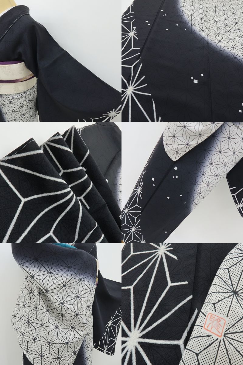 六花-RIKKA- 新品 正絹 麻の葉 作家物落款 仕付け糸付 黒を極める、大人の特等席☆ 訪問着 着物 A5974
