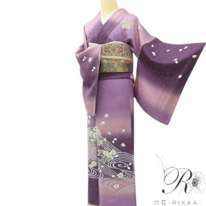 六花-RIKKA- 美品 正絹 友禅作家 千地泰弘落款 野ばら咲く、紫の余韻。 訪問着 着物 A5982