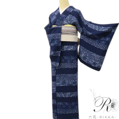 六花-RIKKA- 美品 正絹 単衣 藍染 トールサイズ 袖を通せば、レトロシネマの主人公♪ 小紋 着物 A5987