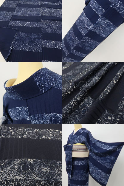 六花-RIKKA- 美品 正絹 単衣 藍染 トールサイズ 袖を通せば、レトロシネマの主人公♪ 小紋 着物 A5987