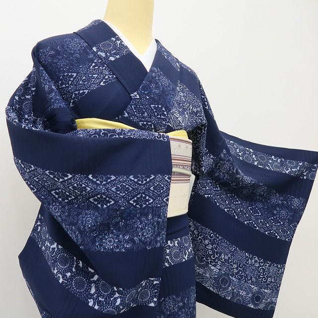 六花-RIKKA- 美品 正絹 単衣 藍染 トールサイズ 袖を通せば、レトロシネマの主人公♪ 小紋 着物 A5987