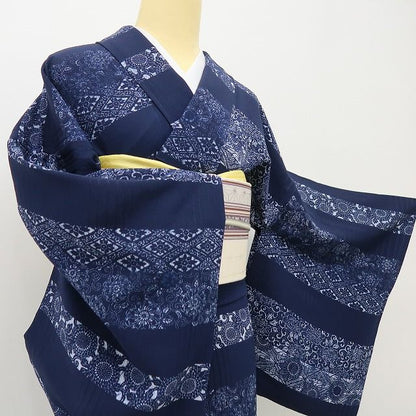 六花-RIKKA- 美品 正絹 単衣 藍染 トールサイズ 袖を通せば、レトロシネマの主人公♪ 小紋 着物 A5987