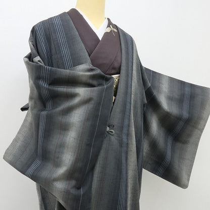 六花-RIKKA- 美品 正絹 ロング丈 紬 一歩ごとに、粋が揺れる！縦縞×麻の葉☆ 道中着 着物 A5990