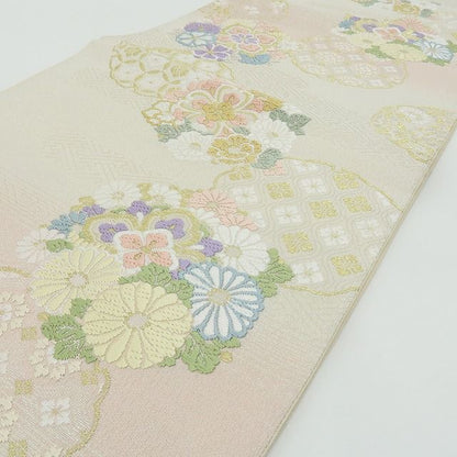 六花-RIKKA- 美品 正絹 雪輪花華文 刺繍 ふんわり花咲く、春色の上品華文♪ 袋帯 着物 A5992