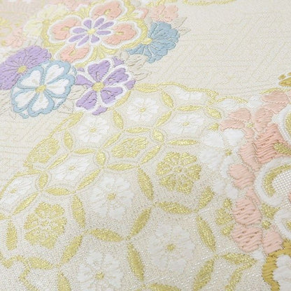 六花-RIKKA- 美品 正絹 雪輪花華文 刺繍 ふんわり花咲く、春色の上品華文♪ 袋帯 着物 A5992