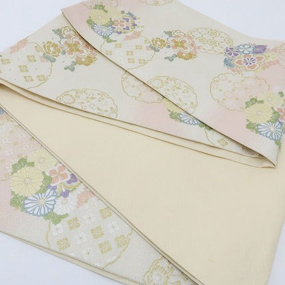 六花-RIKKA- 美品 正絹 雪輪花華文 刺繍 ふんわり花咲く、春色の上品華文♪ 袋帯 着物 A5992