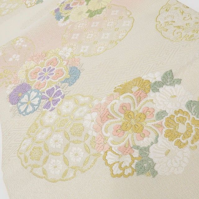 六花-RIKKA- 美品 正絹 雪輪花華文 刺繍 ふんわり花咲く、春色の上品華文♪ 袋帯 着物 A5992